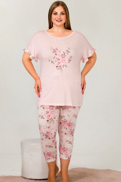 Jenny Daphne Lady Plus Size Short Sleeve Floral Print Capri Pajamas Set 10658