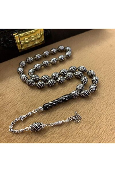 USTATESBİH 925 Gümüş Püsküllü Çeşmi-Bülbül İşlemeli Erzurum Oltu Taşı Tesbih