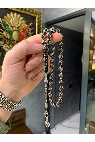 USTATESBİH 925 Gümüş Püsküllü Çeşmi-Bülbül İşlemeli Erzurum Oltu Taşı Tesbih