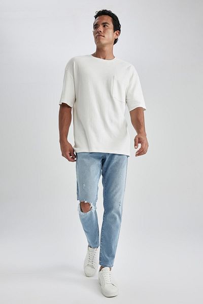 DeFacto Slim Tapered Fit Narrow Fit Regular Waist Shrinkable Leg Ripped Detailed Jean Trousers B0163ax23hs