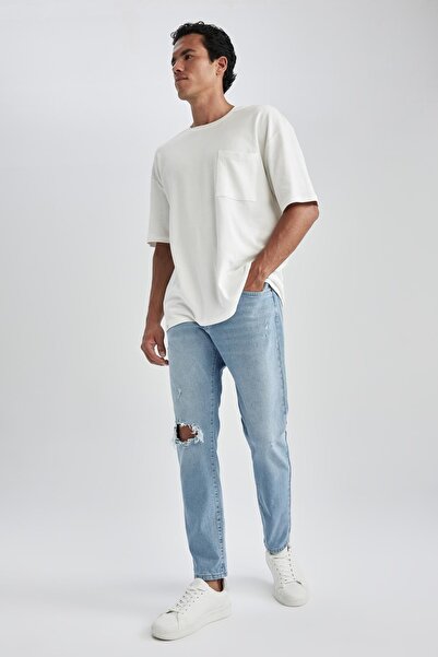 DeFacto Slim Tapered Fit Narrow Fit Regular Waist Shrinkable Leg Ripped Detailed Jean Trousers B0163ax23hs