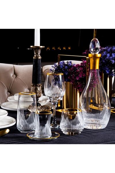sudeka 61 Parça 12 Kişilik Alev El Dekor Kesme Gold Cam Su Takımı