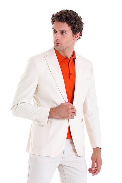 Hatemoğlu Ecru Comfort Fit Απλό Μονό Γιακά Casual Λινό Μπουφάν