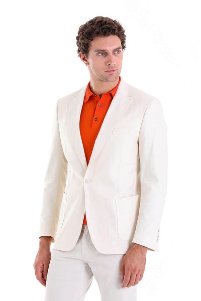 Hatemoğlu Ecru Comfort Fit Απλό Μονό Γιακά Casual Λινό Μπουφάν