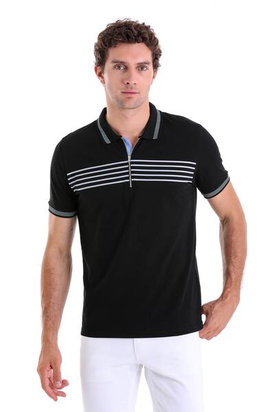 Hatemoğlu Tricou negru cu dungi 100% bumbac, cu guler polo, cu culoare normală
