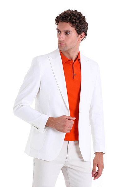Hatemoğlu Λευκό Comfort Fit Απλό Μονό Γιακά Casual Λινό Μπουφάν