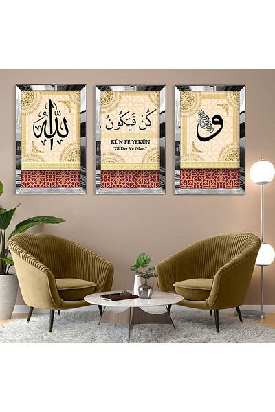 Zevahir Mobilya Dekorasyon Set de masă din MDF triplu cu cadru din plexiglas cu oglindă argintie Kun Fe Yekün Model religios