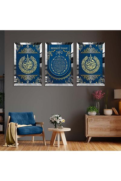 Zevahir Mobilya Dekorasyon Set de pictură din MDF triplu model religios Rugăciunea Abundenței cu cadru din plexiglas cu oglindă argintie
