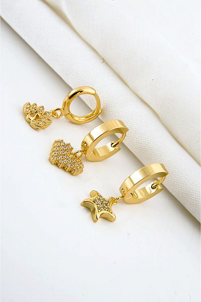 EUROMODA Zircon Stone Steel Earring Set - Star and Swan Design, 3 Pieces