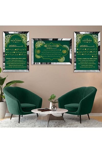 Zevahir Mobilya Dekorasyon Cadru din plexiglas cu oglindă argintie Ayetel Kursi Model religios Set de masă triplă din MDF