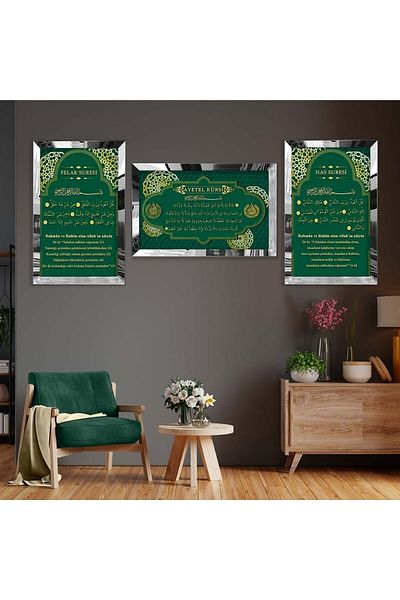 Zevahir Mobilya Dekorasyon Cadru din plexiglas cu oglindă argintie Ayetel Kursi Model religios Set de masă triplă din MDF