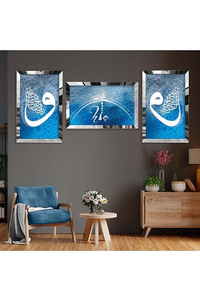 Zevahir Mobilya Dekorasyon Set de masă din MDF triplu model religios cu cadru din plexiglas cu oglindă argintie