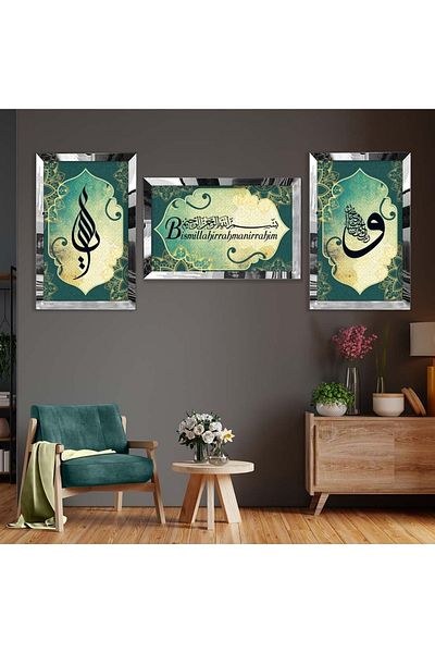 Zevahir Mobilya Dekorasyon Set de pictură din MDF triplu cu cadru din plexiglas cu oglindă argintie, fundal verde triplu, model religios Besmele