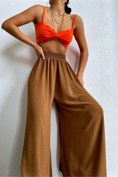 lovebox Women's Brown High Waist Linen Trousers 11513