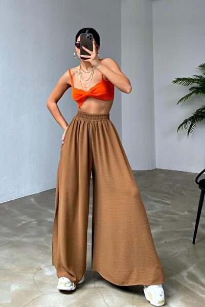 lovebox Γυναικείο λινό παντελόνι καφέ ψηλόμεσο 11513