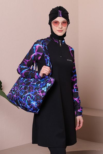 MASSMİZO Women's Green Patterned Raglan Sleeve Scuba Beach Fully Covered Hijab Swimsuit Set of 3