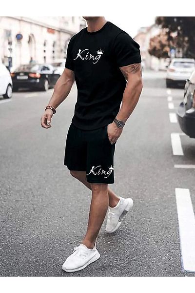 Revasser Μαύρο King Special printed Oversize T-Shirt Σετ χτενισμένο βαμβακερό σορτς