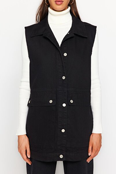 Trendyol Collection Black Shirt Collar Pocket Detailed 100% Cotton Denim Vest Jacket TCTAW22CK0006