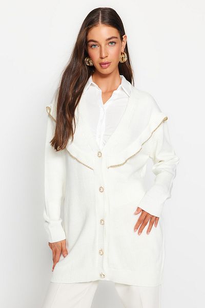 Trendyol Modest Ecru glitrový a perleťový pletený svetr TCTAW24TH00060