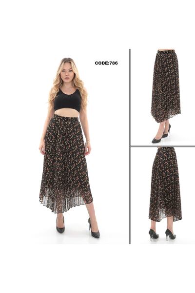 SORALLİNE KADIN PLİSOLEY ETEK 786 ŞİFON EMPİRME ÇİÇEKLİ