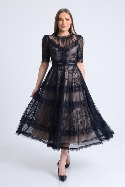 SpringStore Black Short Sleeve Lace Evening Dress