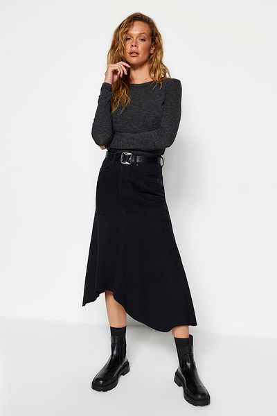 Trendyol Collection Black Asymmetrical High Waist Midi Denim Skirt TWOAW24ET00055