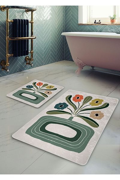 Pilloveland Covoraș de baie lavabil cu bază anti-alunecare din 2 piese - vază cu model 60*100 cm - 50*60 cm