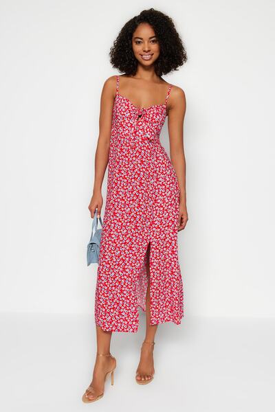 Trendyol Collection Red Floral Print Straight Cut Tie Detailed Strappy Woven Dress TWOSS23EL02440