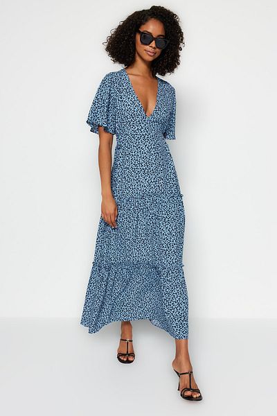 Trendyol Collection Rochie midi țesută albastră, cu decolteu în V, cu model de animale, cu detaliu de cravată TWOSS23EL02443
