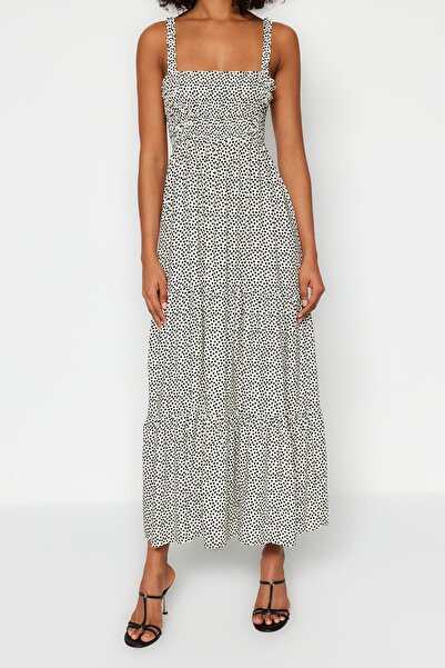 Trendyol Collection Bílé puntíkované rovné střihové popruhy se čtvercovým výstřihem tkané midi šaty TWOSS23EL02444