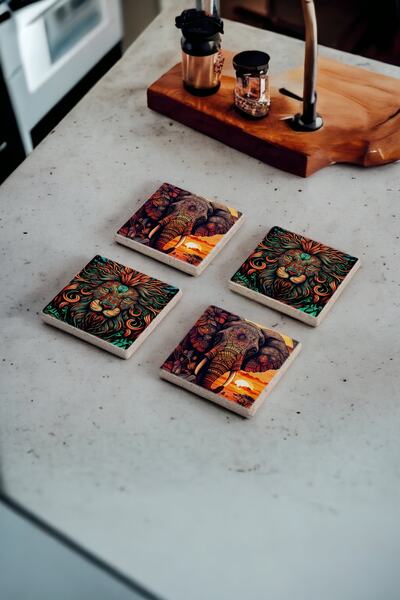 Baumatelier طقم قواعد أكواب من الحجر الطبيعي بتصميم الفيل والأسد مكون من 4 قطع