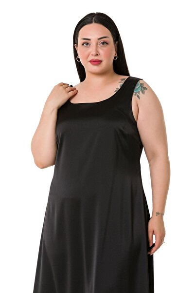 DISENTIS MODEST Plus Size U-Neck Satin Black Long Dress