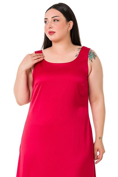 DISENTIS MODEST Plus Size U-Neck Satin Red Long Dress