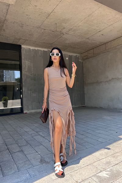 Seda Yalçın Atelier Brown Deep Slit Ruffle Detail Long Dress
