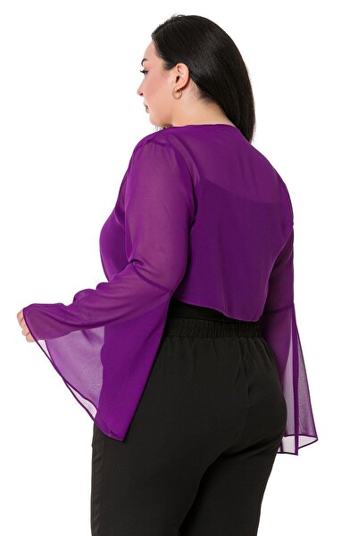 DISENTIS MODEST Plus Size Spanish Sleeve Tied Front Chiffon Purple Bolero