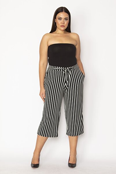 Şans Tekstil Women's Black Wide Leg Striped Capri with Elastic Back Waist Pocket and Lace Detail 26a29219
