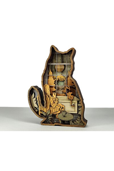 Rotaa Ahşap Mdf Çok Katmanlı Camdaki Kedi Dekoratif Obje