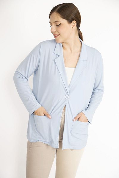 Şans Tekstil Blauer Damen-Cardigan mit einem Knopf und ungefütterten Taschen, 26a36429
