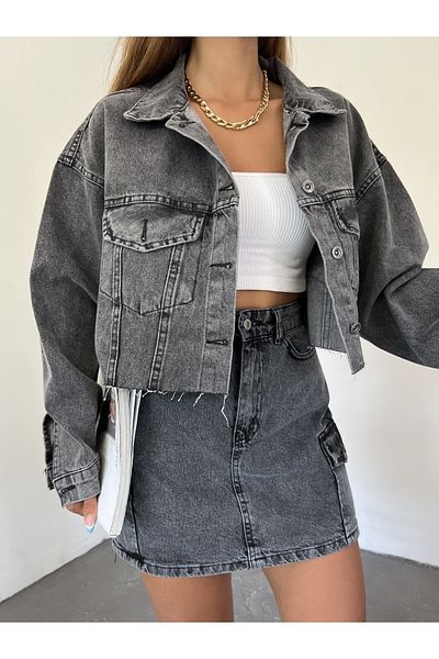 Fav Style Antracitová dámská Crop Oversize džínová bunda – bezešvá s knoflíky a dvojitými kapsami