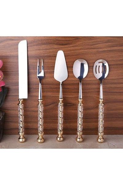 ROY KING 5 Piece Crystal Serving Set - Gold Handle
