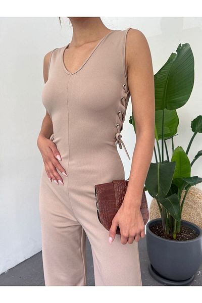 Fav Style Women's Eyelet Detailed Wide Leg Jumpsuit with Back Strap Beige