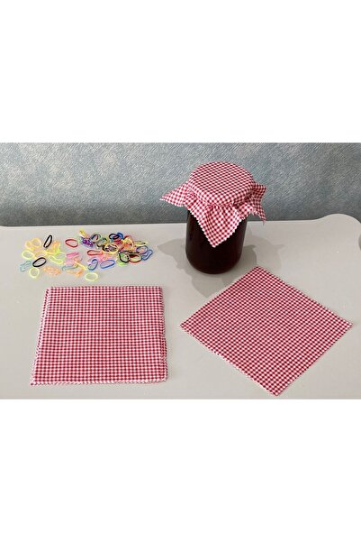 AdaEsintisi 25 Pieces Gingham Red Jar Lid Fabric (Cover) and Colored Binding Rubber
