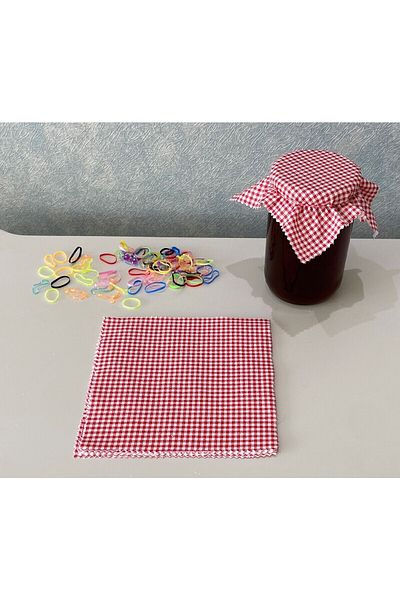 AdaEsintisi 50 Pieces Gingham Red Jar Lid Fabric (Cover) and Colored Binding Rubber