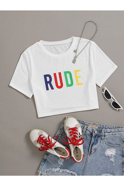 Jose Clothing Λευκό εμπριμέ κοντομάνικο Crop Top - Baby Tee Μπλούζα που εφαρμόζει στο σώμα JC 2023254