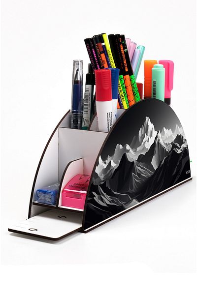 kutuTR Wooden VIP Mountain Series Desktop Pen Holder Organizer with Rainbow Ruler Assembled Box