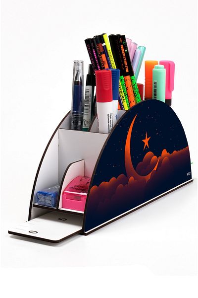 kutuTR Wooden VIP Islamic Rainbow Ruled Desktop Pen Holder Organizer with Assembled Box