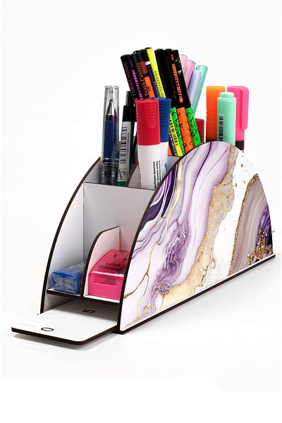 kutuTR Wooden VİP Marble Series Desktop Pen Holder Organizer with Rainbow Ruler Assembled Box