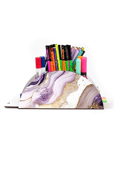 kutuTR Wooden VİP Marble Series Desktop Pen Holder Organizer with Rainbow Ruler Assembled Box