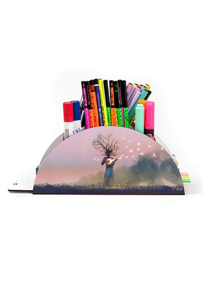 kutuTR Wooden VIP Aİ Model Series Desktop Pen Holder Organizer with Rainbow Ruler Assembled Box