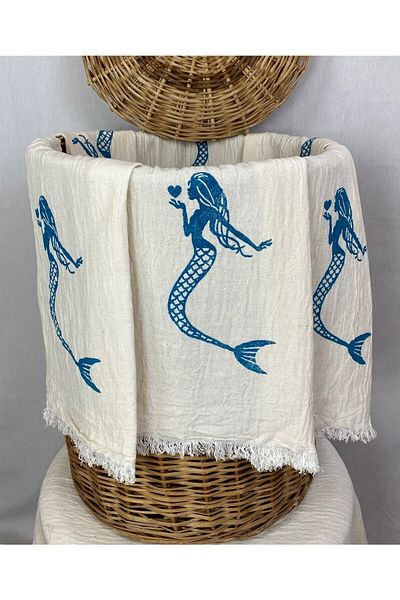 pamukidea Εκτύπωση σανίδας χεριών Mermaid Μπλε μοτίβο γοργόνας Muslin Peshtemal με στάμπα Buldan Cotton Peshtemal